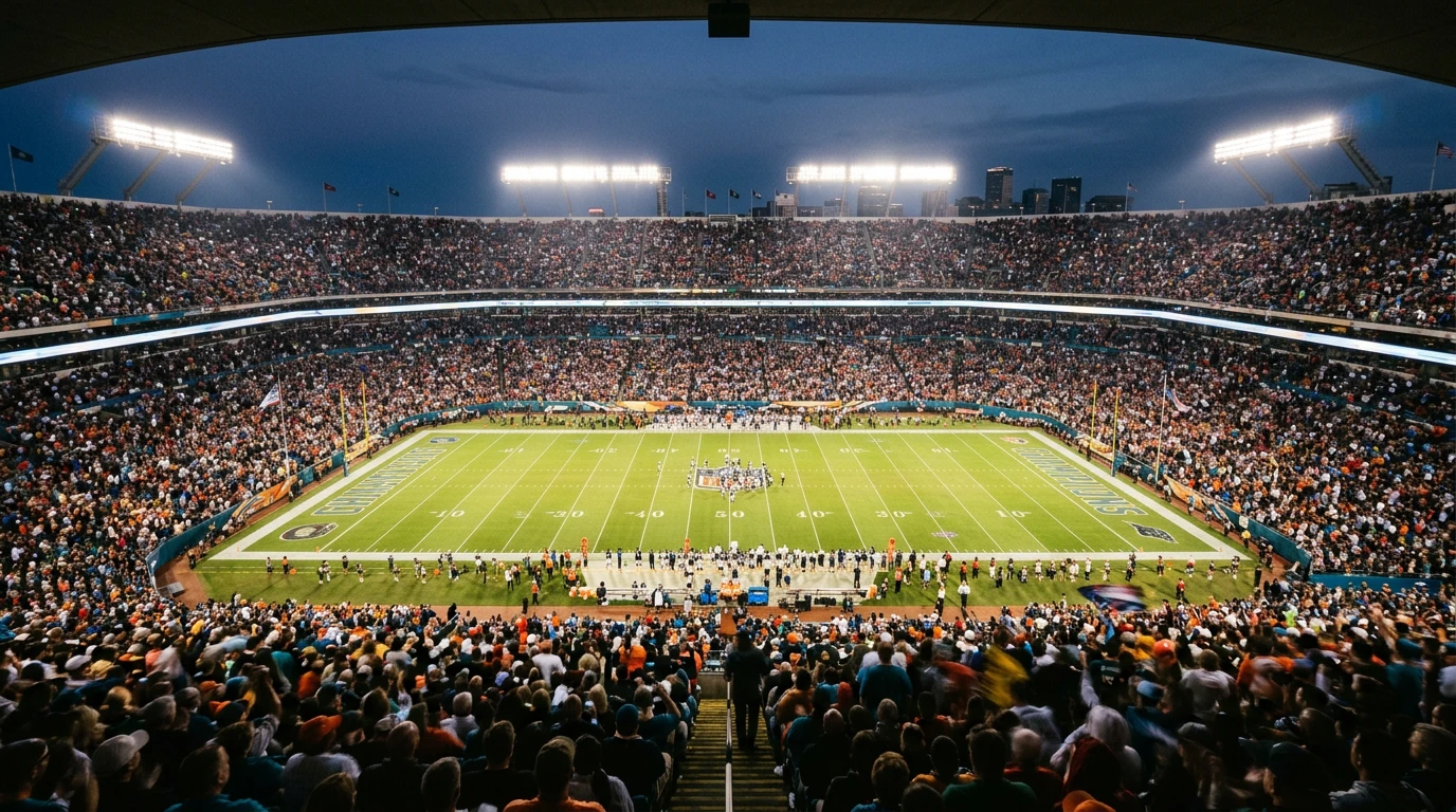 Super Bowl LX Stadion-Atmosphäre mit Flutlicht und Fans vor dem Anpfiff